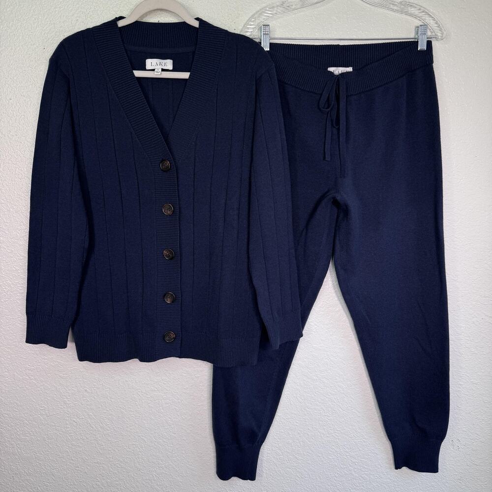 Lake Sweater Set Womens Large Cardigan Jogger Pants Knit Navy Blue Lounge Outfit